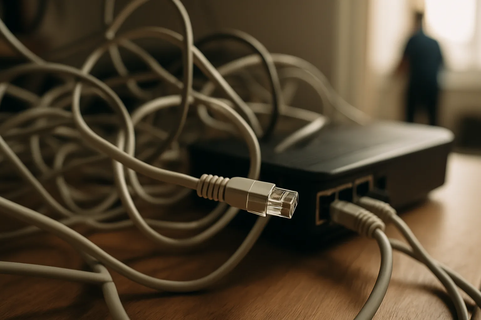 Router and switch on an office shelf